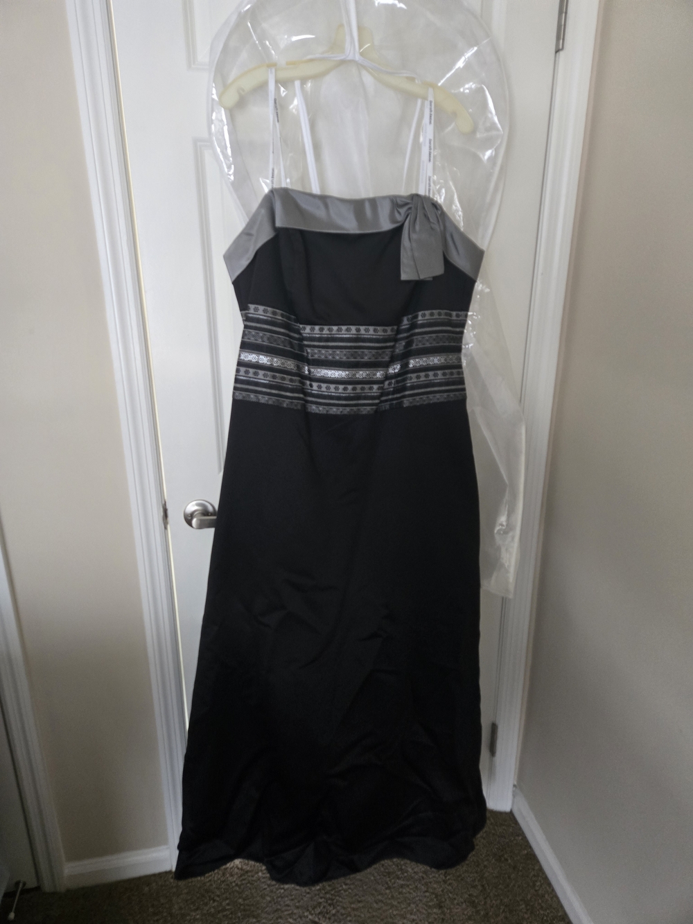 David's Bridal Black Strapless Gown with Silver Trim